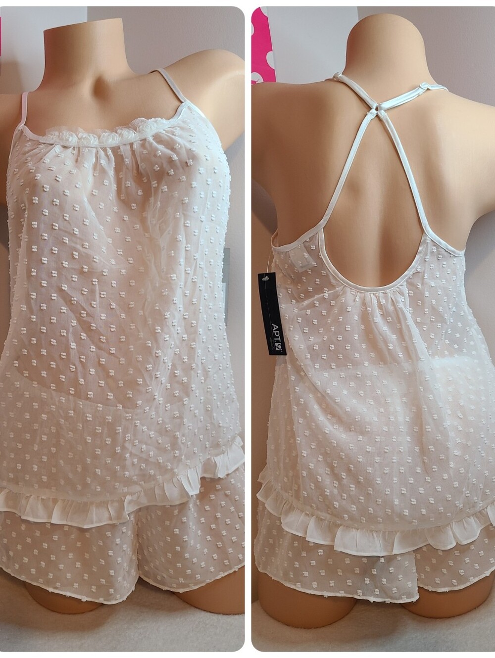 Apt. 9 Sheer Dotted Chiffon Ruffle Bridal Cami Shorts Sleep Set Size S/M